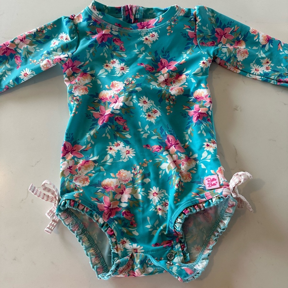 Blue Floral Long-Sleeve Kids Swim One-Piece